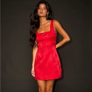 LULUS Red Floral Jacquard Tie-Back Mini Dress